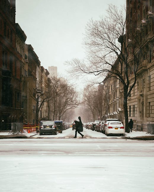 A street scene during daylight with a pedestrian crossing the road in the foreground, wearing a dark jacket and trousers. Behind him, there are parked cars including a black vehicle positioned close to the curb, and further along the street, other vehicles are visible parked on both sides. On the left, there is a yellow residential building with windows, and on the right, a mix of trees with autumn foliage and utility poles with overhead wires. The trees display yellow and green leaves, indicating the fall season. The sky is partly cloudy, and the street appears quiet, with no visible moving vehicles or pedestrians aside from the individual crossing the road. This setting could relate to a home relocation or moving process happening nearby, as part of local transportation and logistics services like those provided by Man with Van New Cross.