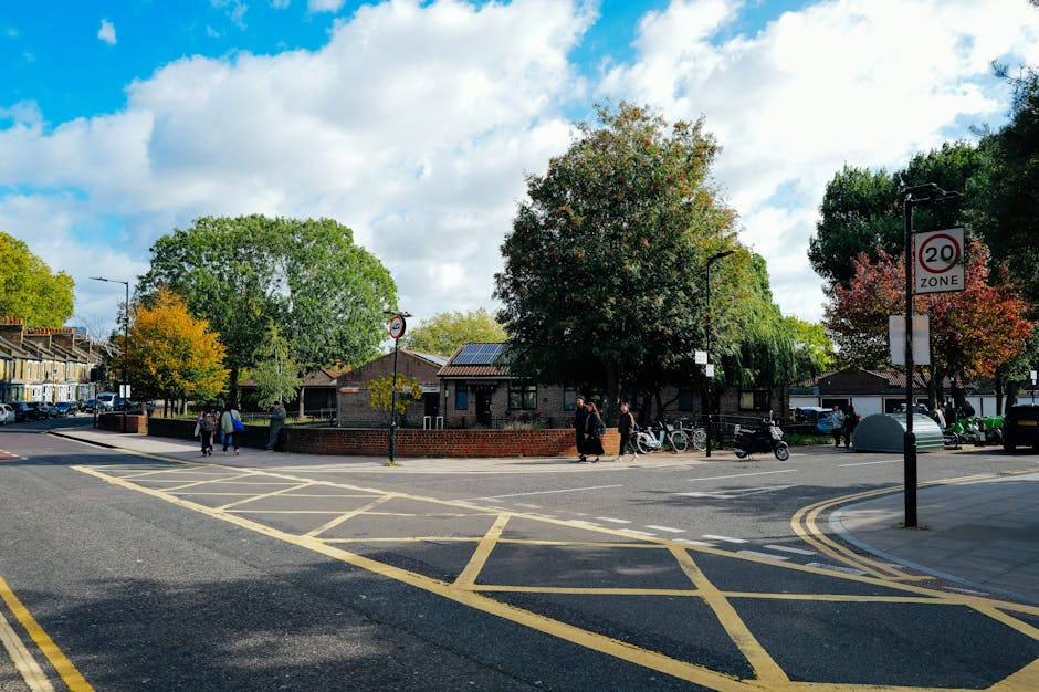 A street scene in Lewisham with a small brick building partially obscured by trees with green and orange foliage. The sky is partly cloudy with patches of blue. On the sidewalk, several pedestrians are walking, some past a lamppost displaying a 20 zone speed limit sign. Multiple bicycles are parked against a fence near the building. The foreground shows a wide road with yellow cross-hatch markings and double yellow lines along the curb. The road appears prepared for a home relocation or furniture transport process, as part of the removal services offered by Man with Van New Cross, with vehicles potentially parked nearby for loading and unloading. The scene captures typical urban activities related to local removals, parking, and moving logistics within the area.